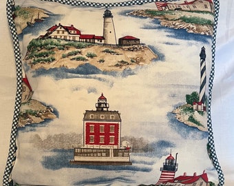 Cottage Check Nautical Pillow Light House Blue Ivory Feather Down Cape Cod