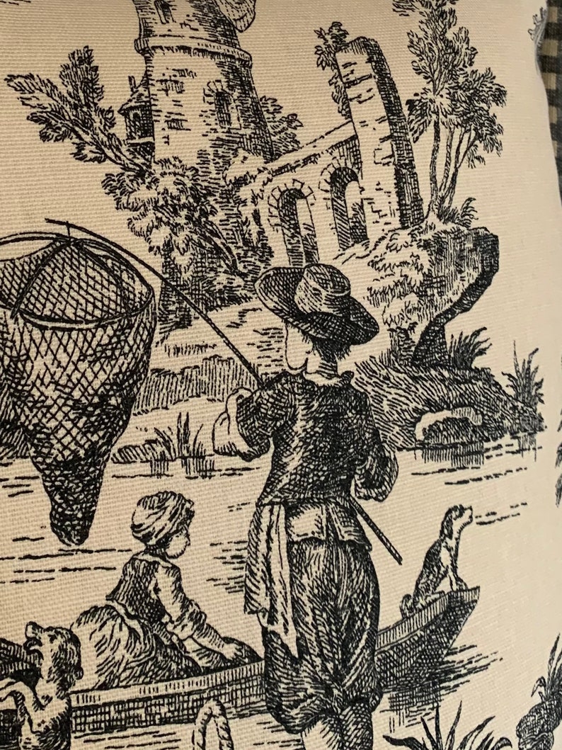 French Country Cottage Pillow Black Ivory Farm House Toile Check