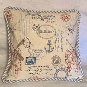 French Ticking Cottage Nautical Pillow Blue Red Beige Pillow Stripe denim