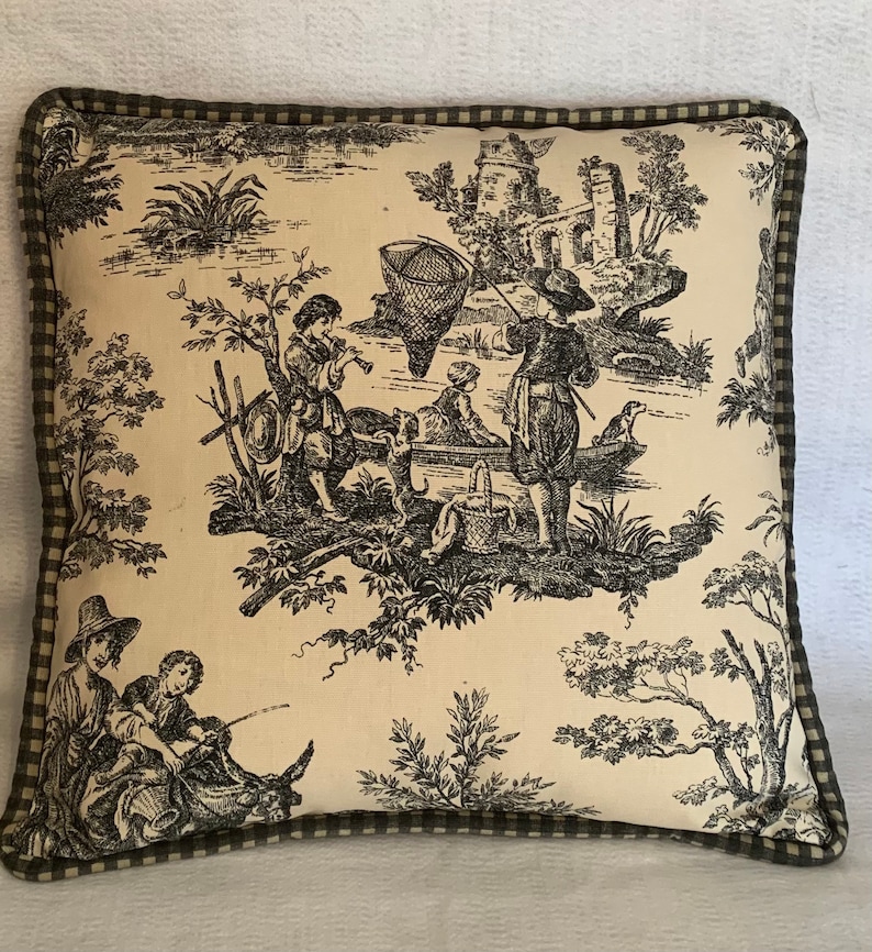French Country Cottage Pillow Black Ivory Farm House Toile Check