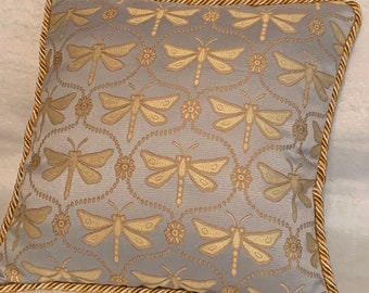 French Country Cottage Pillow Farm House Dragonfly Pillow Blue Gold Ivory Feather