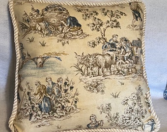 French Country cottage Pillow Blue Ivory yellow Toile Farm House