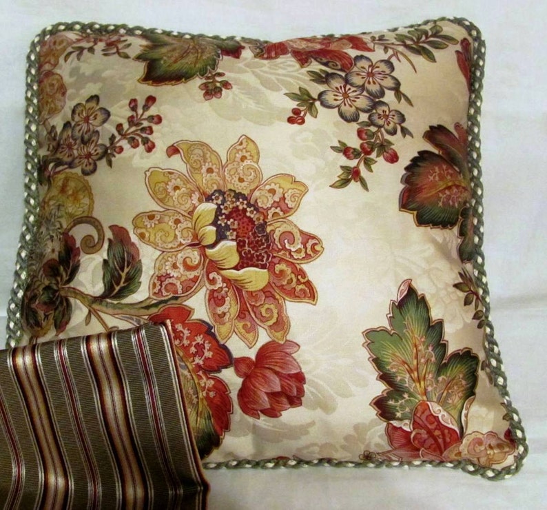 French Country Romantic Cottage Pillow Ivory Sage Green Coral | Etsy