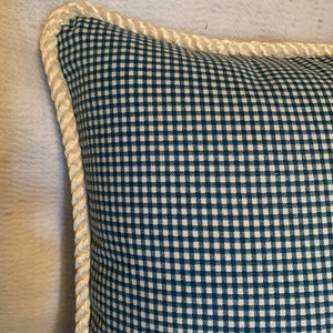 Pu&ograve; includere: Un cuscino in tessuto gingham blu e bianco con un bordo in corda bianca.