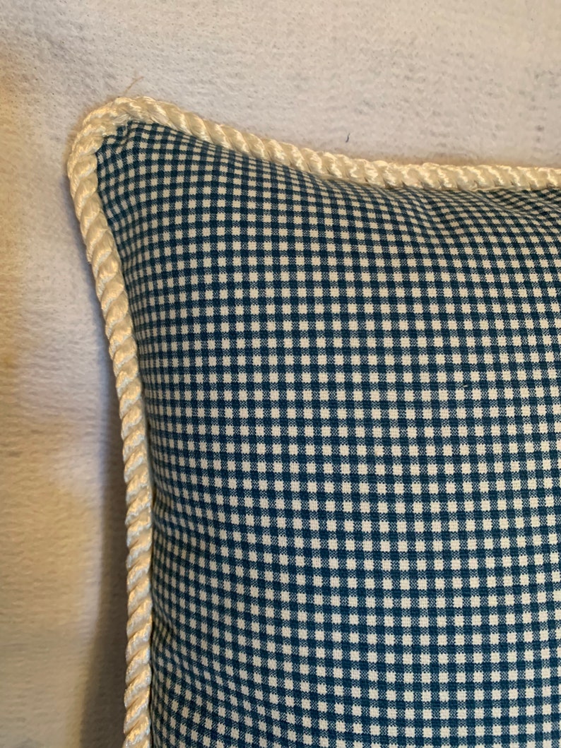 Pu&ograve; includere: Un cuscino in tessuto gingham blu e bianco con un bordo in corda bianca.