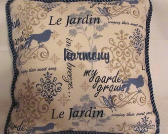 Country French Beige and Blue Toile Romantic Pillow Provence Paris Garden