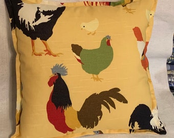 Country French Cottage Rooster Pillow Provence Free Range Toile Hen Pillows Ivory Brown Gold