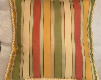 French Country Coral Green Yellow Ivory Cottage Pillow Farmhouse Stripe