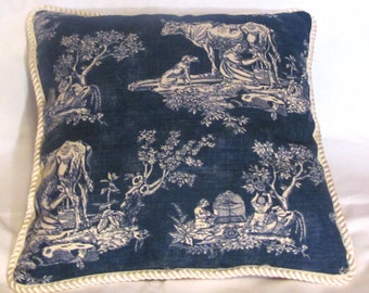 Farm Fresh French Country Romantic Cottage Pillow Blue Ivory Reverse Toile Floral  Americana