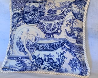 Country French Royal Blue Toile Cottage Pillow Spode Transfer ware Ivory Trim Feather