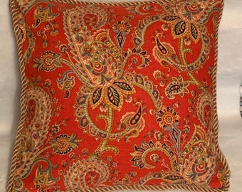 French Country Red Cottage Pillow Red Gold Blue Paisley Farm House Floral
