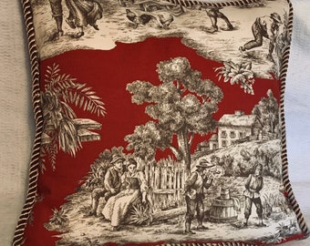 French Country Cottage Pillow Red Ivory Camel Farm House Parisian Toile