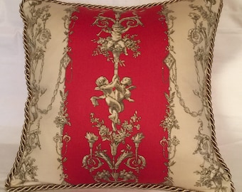 French Country Romantic Cottage Pillow Red Ivory Toile Paris Fresh Farm Cushion