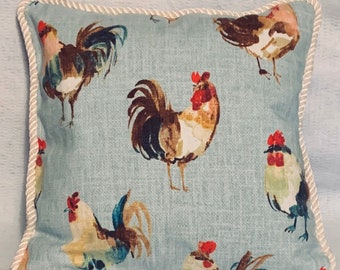 French Country Cottage Pillow Blue Ivory Provence Rooster Farm House