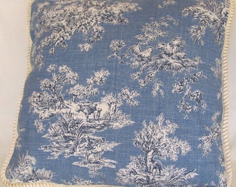 Country French Delft Blue Toile Romantic Cottage Pillow Cushion Ivory Trim Feather