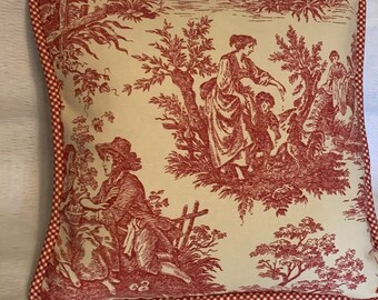 French Country Red Ivory Cottage Toile Pillow Check Floral Farm House Feather Down