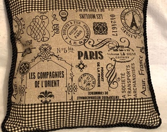 Country French Farm House Cottage Toile Pillow Provence Ivory Black Check