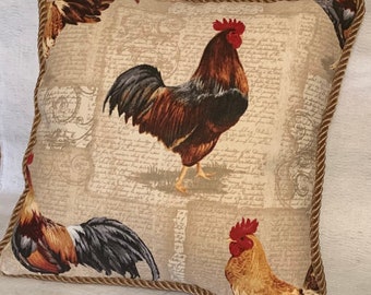 French Country Cottage Rooster Pillow Provence Le Coq Farmhouse STOF Red Beige Gold Check