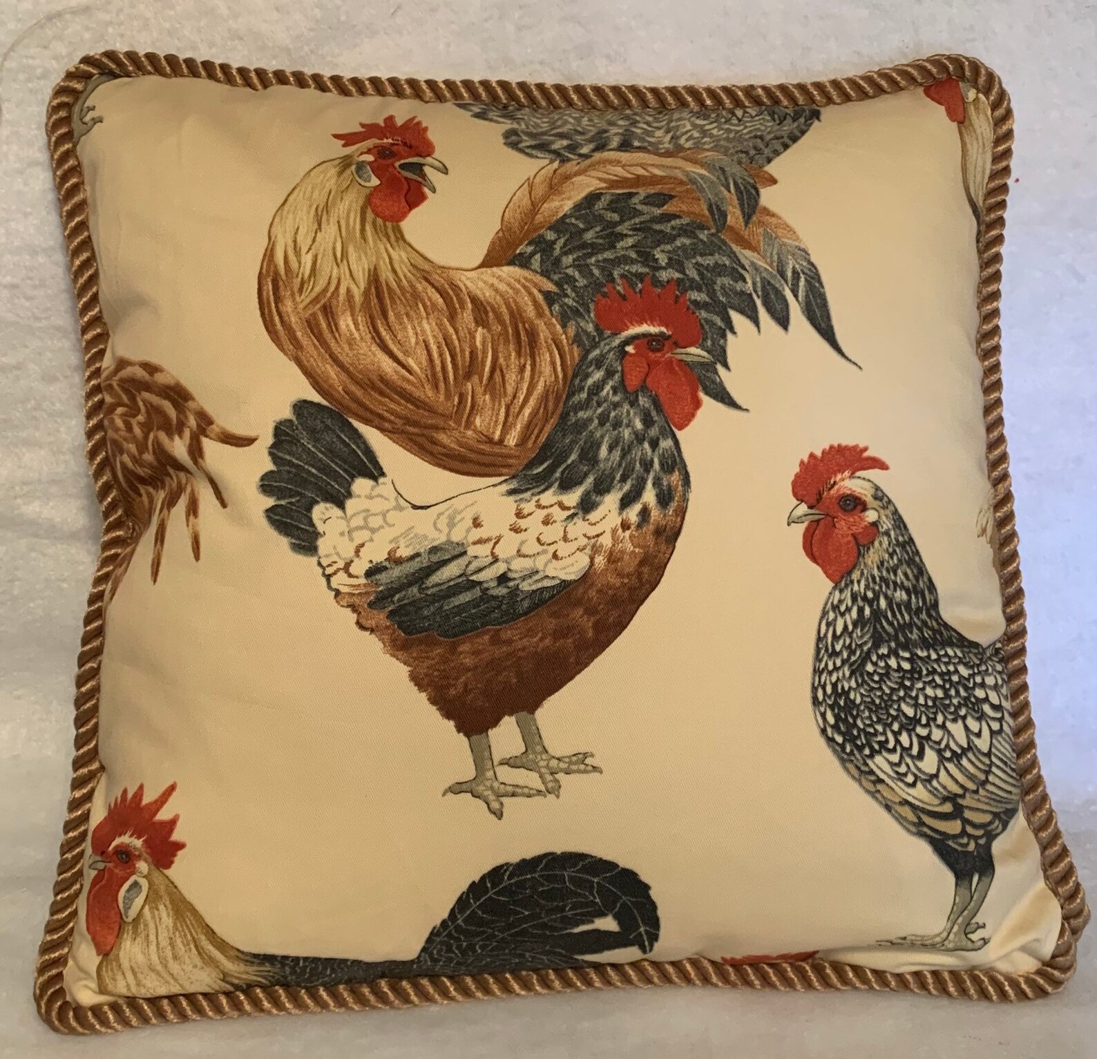 thumbnail image 2 of Handmade French Country Toile Pillow – Red/Gold Rooster – 16"x12" Cotton Down Fill 2 of 4