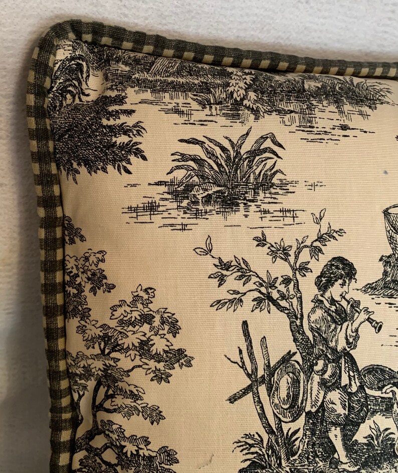 French Country Cottage Pillow Black Ivory Farm House Toile Check