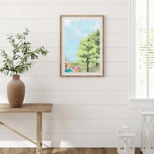 Pastel Picnic Wall Art | Feminine Cat Lover Print | Aesthetic Nature Illustration | Soft Digital Download Decor | Calming Room Decor
