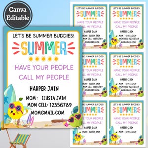 Bearbeitbare Playdate-Kontaktkartenvorlage, Playdate-Kontaktkarte für Kinder, Keep in Touch-Karten, Einladung zum Schuljahresende, Sommerspieldatum