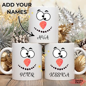 Personalized Snowman Face Mug | Custom Name Christmas Mug | Funny Holiday Coffee Cup | Cute Winter Gift for Family or Friends
