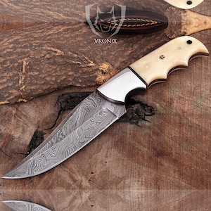 Handgefertigtes Damast Jagdmesser mit Knochengriff – Sikner mit Scheide – Geschenk für Ihn, Camping Messer, Hochzeitsgeschenk