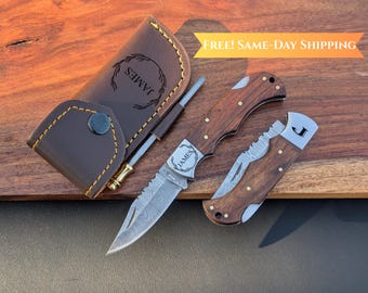 Engraved Wood Hunting Knife, Custom Hunting Gift, Personalized Folding Knife, Camping Pocket Knives Duck and Deer Hunting Gift for Boyfriend