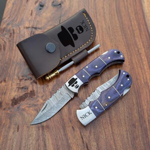 Custom Damascus Pocket Knife – Personalized Folding Knife, Groomsmen Gift, Anniversary, Camping Knife, Birthday Gift for Him, Fishing Knife