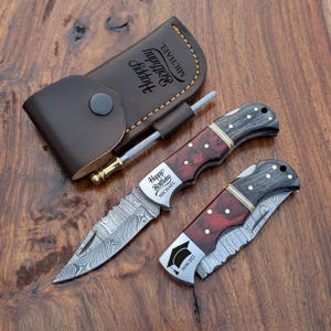 Handmade Damascus Folding Knife Custom Groomsmen Gift for Him, Personalized Gift for Dad, Husband, Graduation gifts for him Anniversary gift