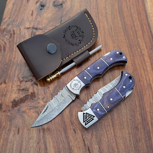 Engraved Damascus Pocket Knife-Custom Hunting & Fishing Knife-Groomsmen Gift-Anniversary Gift for Men-Personalized Knife for Dad-Husband-Men