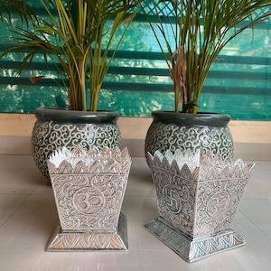 German Silver Fully Carved Tulsi Pot – Antique Finish Sacred Pooja Décor, 1 piece