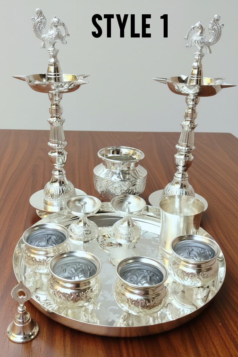German Silver Pooja Set – Antique Finish Kalash, Diya, Panchapatra