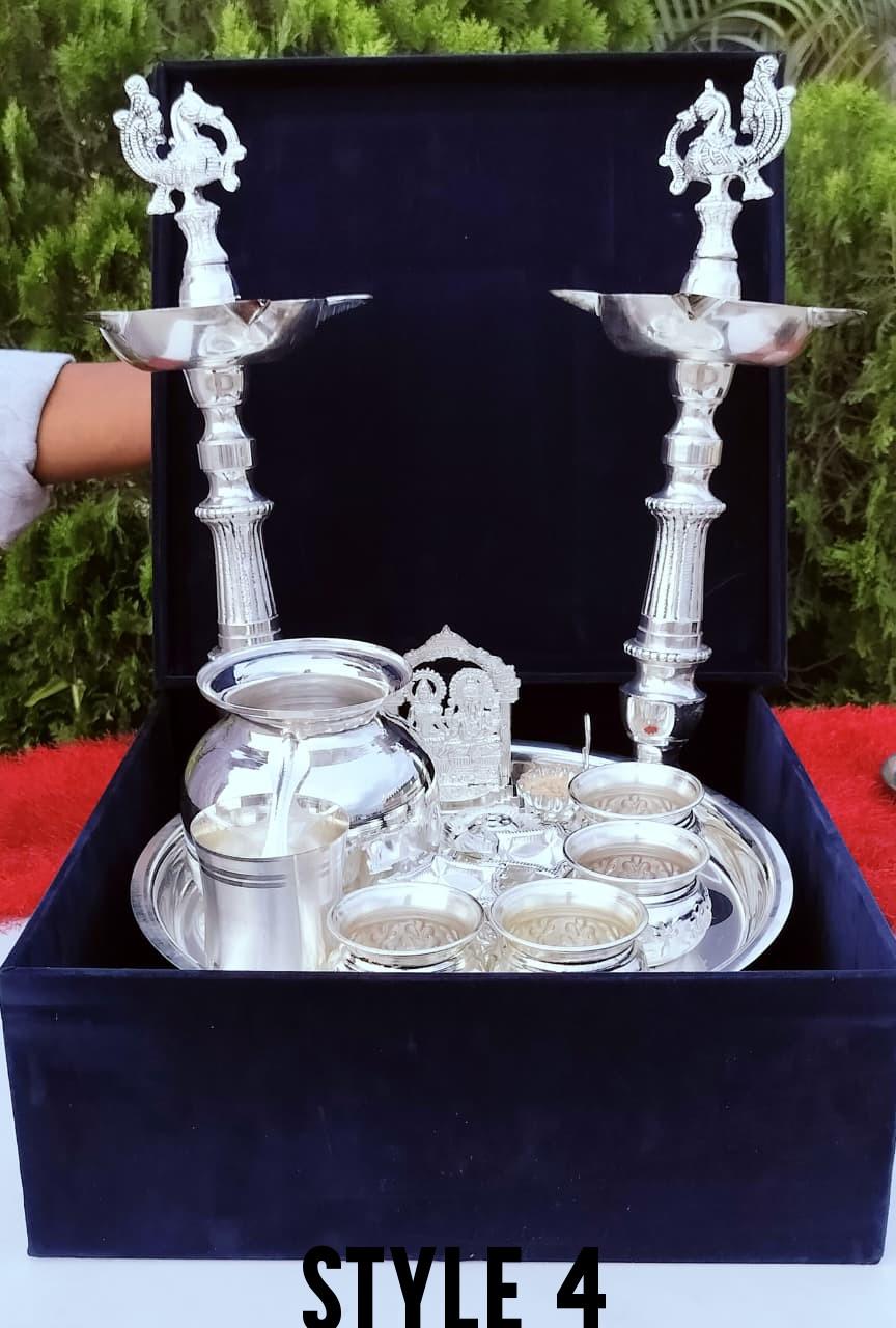 German Silver Pooja Set – Antique Finish Kalash, Diya, Panchapatra