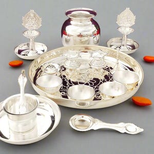 Juego de thali de plata alemana para pooja: Festival de Diwali, inauguración de la casa, rituales del templo
