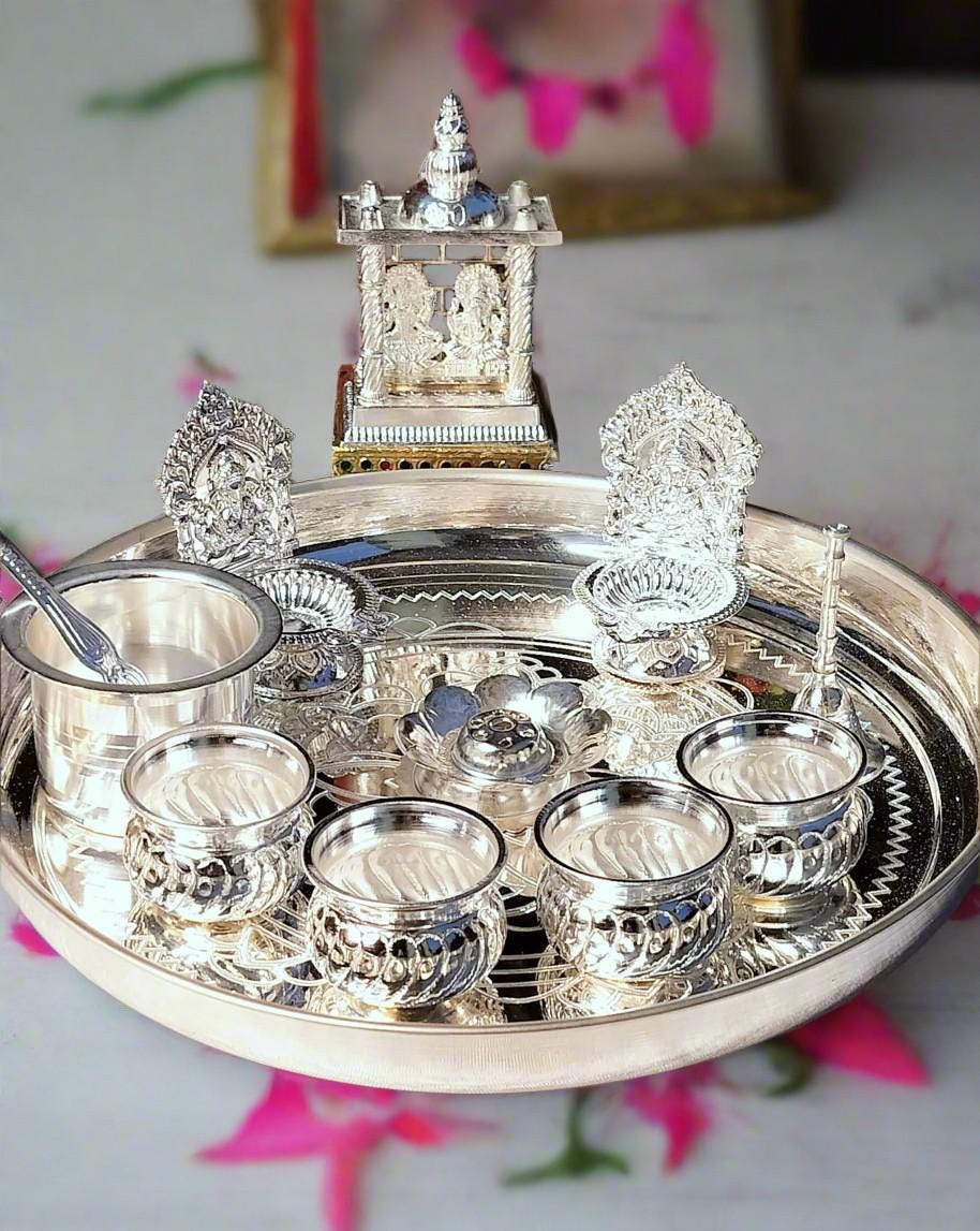 German Silver Pooja Thali Set, Lakshmi Ganesh Temple, House