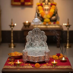 May include: An ornate silver throne with detailed carvings, placed on a wooden table covered with a red cloth. Incense, candles, and flowers are arranged around the throne, creating a spiritual atmosphere. The text "STYLE 2" is visible.