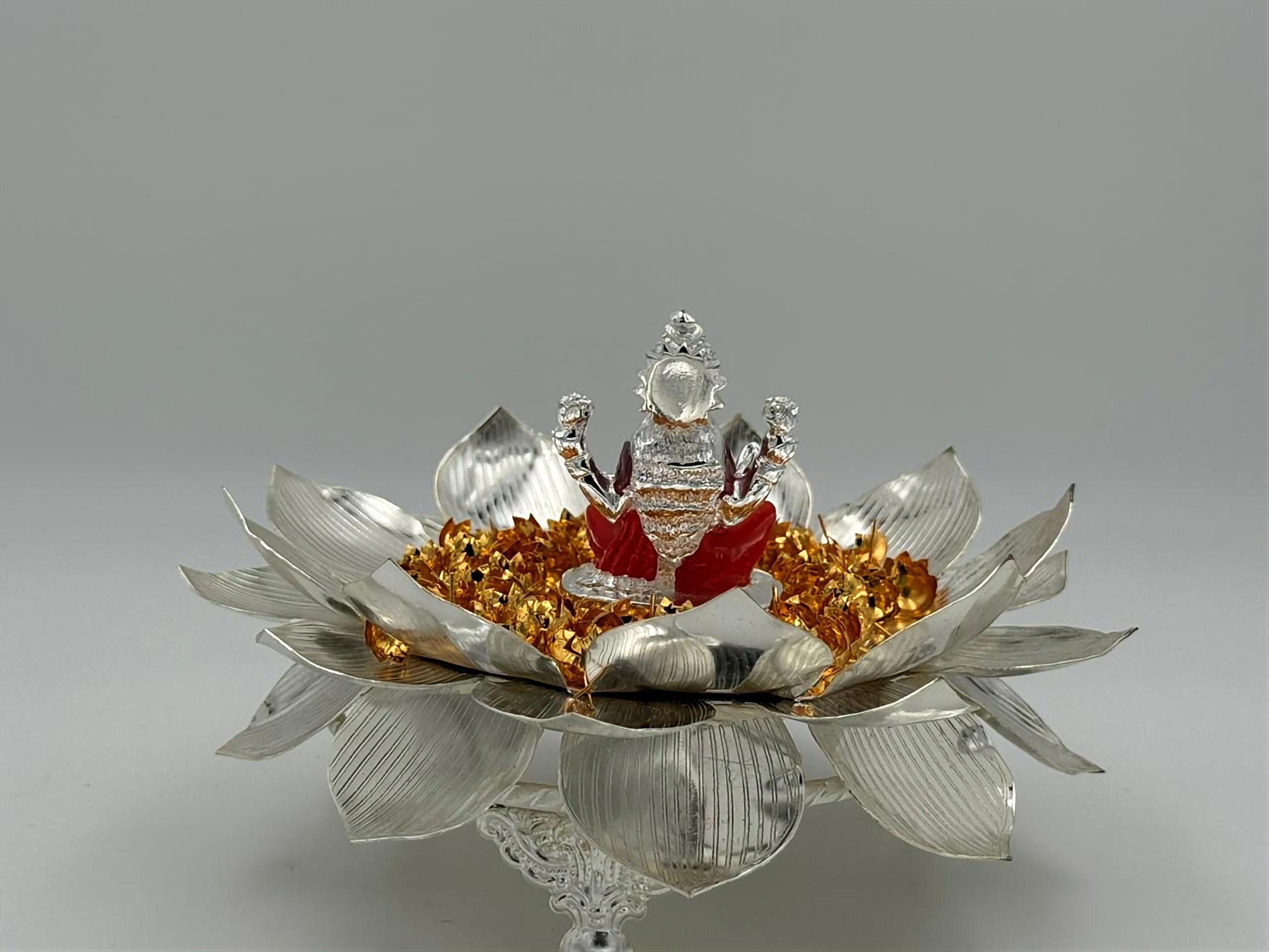 German Silver Lotus Stand – Lakshmi Idol Seat, Pooja Decor