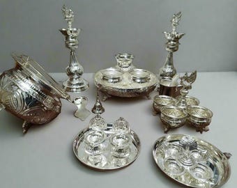 German Silver Pooja Thali Combo Set – Antique Finish Gift for Housewarming & Diwali Festival