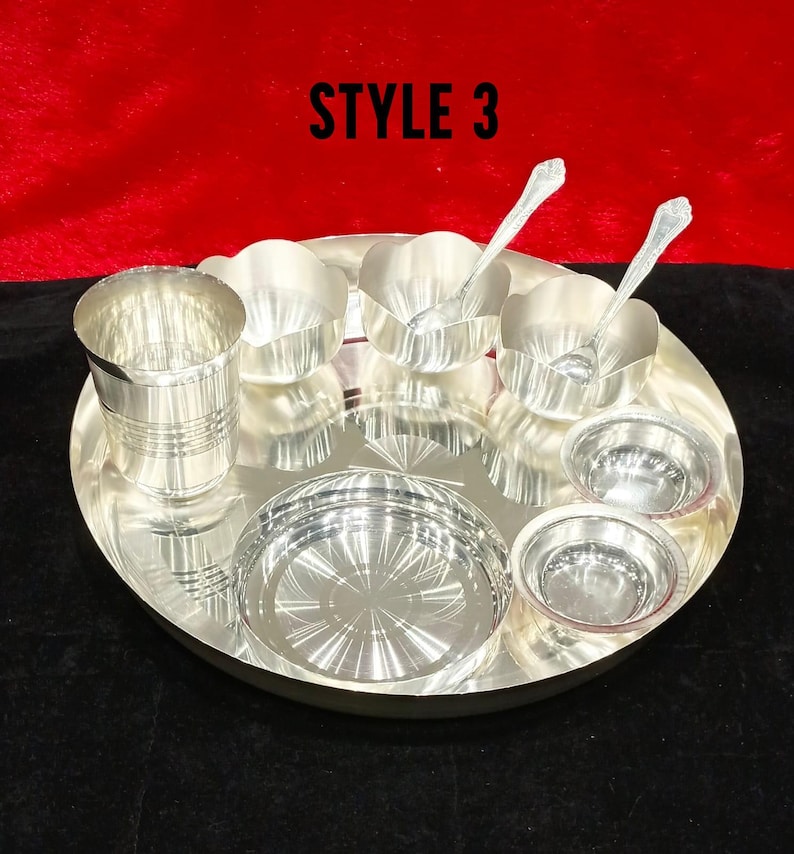 German Silver Pooja Thali Set – Antique Finish Dinnerware for Festivals style 3