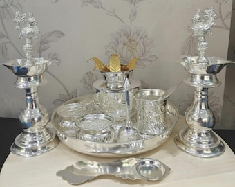 German Silver Pooja Thali Set – Diwali Festival Worship Plate, Housewarming Temple Decor