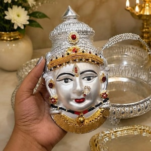 German Silver Lakshmi Face for Vara Lakshmi Pooja, Diwali Celebration (7" Stone Work)