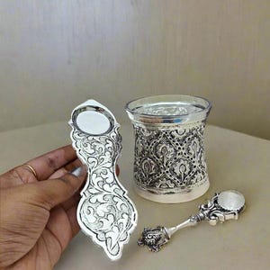 German Silver Antique panchapatra with aachmani Set/Glass with Spoon/pooja item