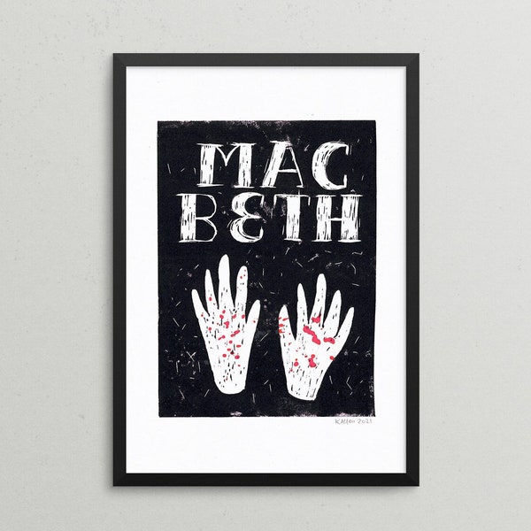 Macbeth Linoprint ‧ A4, mid-century modern style, minimalist Shakespeare play lino print ‧ Linocut goth gothic art ‧