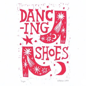 Dancing Shoes funky typography linoprint. A4 art print in magenta/ pink/ red