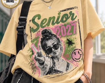 Custom Senior 2027 Shirt, Retro Y2K Vintage Birthday Streetwear Graphic Tee, Personalized Photo Graffiti Design, Gift For Her, Graduation