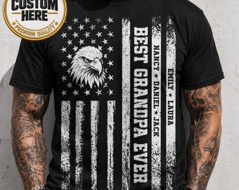 Personalized Grandpa Shirt, Papa USA Flag Shirt with Kids Name, Grandpa Gift from Grandkids, 4th of July Apparel