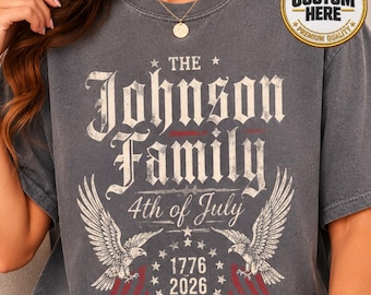 Camiseta personalizada del 4 de julio, 250 aniversario de EE. UU., camiseta familiar a juego personalizada, estilo retro 1776-2026, camiseta de regalo con águila patriótica desgastada