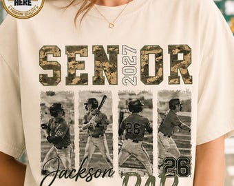 Custom Senior Dad Senior Mom 2027 Photo Shirt, Vintage 90s Bootleg Baseball Tee, Personalized Camo Father Tee, Camo Hunting Mama Shirt
